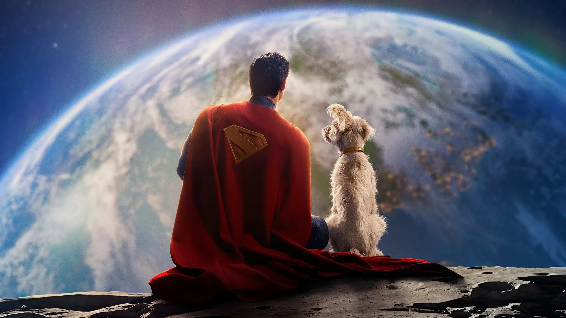 Superman with pet dog Krypto sitting and looking at the planet Earth. 